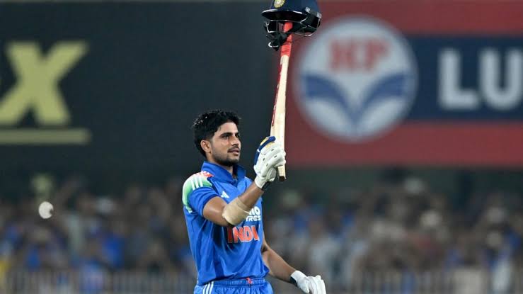 Shubman Gill celebrates after scoring 223 against West Indies in Guwahati