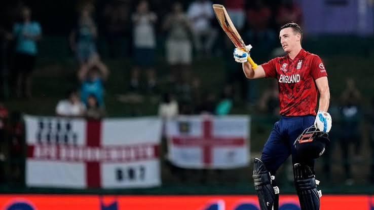 Harry Brook celebrates after England's first T20I win over Sri Lanka
