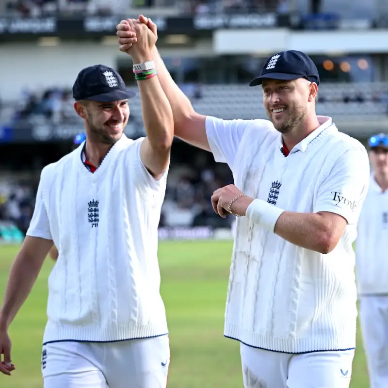 Ollie Robinson and Josh Tongue celebrates after win at Headingley