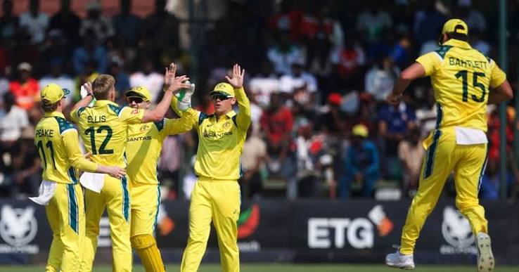 Australia players celebrate during the first ODI against Zimbabwe in Harare