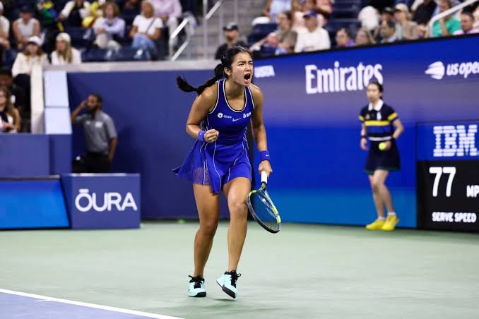 Alex Eala celebrates during her 2026 US Open first-round match against Mary Stoiana